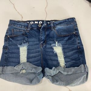 Juniors Dark Wash S.O.N.G Curvy Cutoffs Destroyed Denim High Rise Shorts 5/27